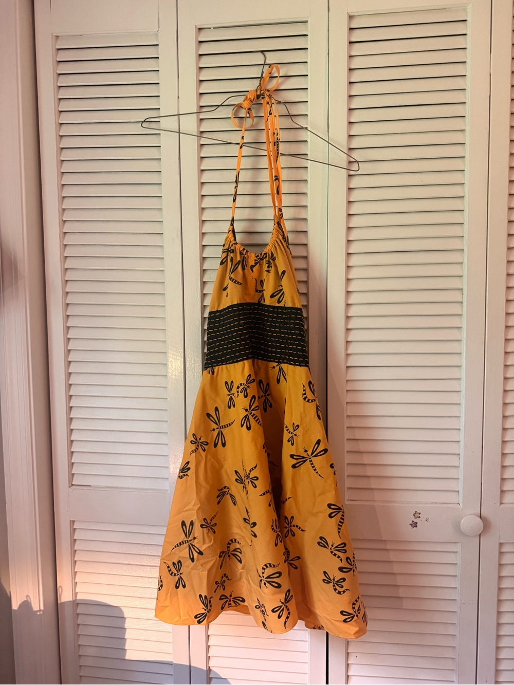 Yellow Halter Sundress with Black dragonfly Print